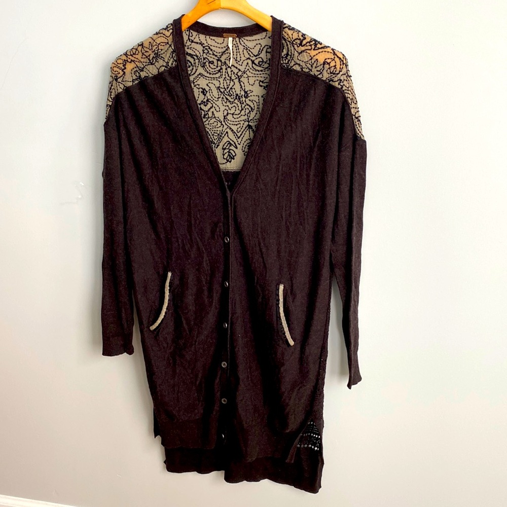Free people crochet and embroidered long cardigan women’s size Small